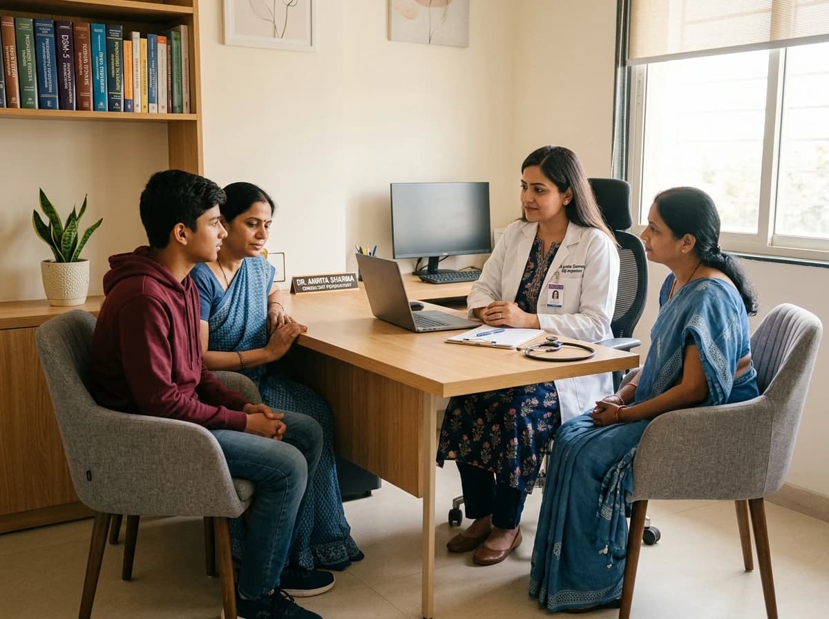 Indian female psychiatrist in clinic consultation with an Indian adolescent boy and mother