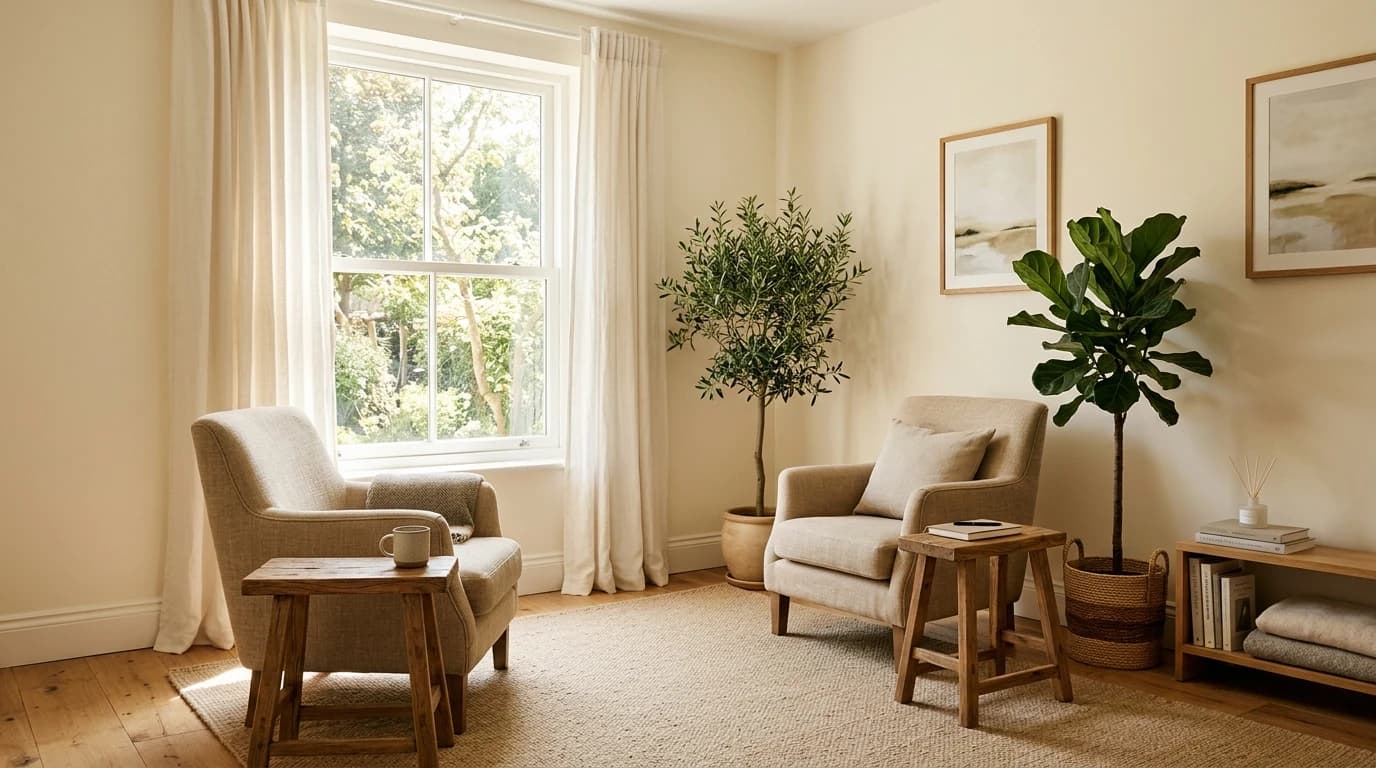 Calm and peaceful psychotherapy counseling chairs beside a sunny window